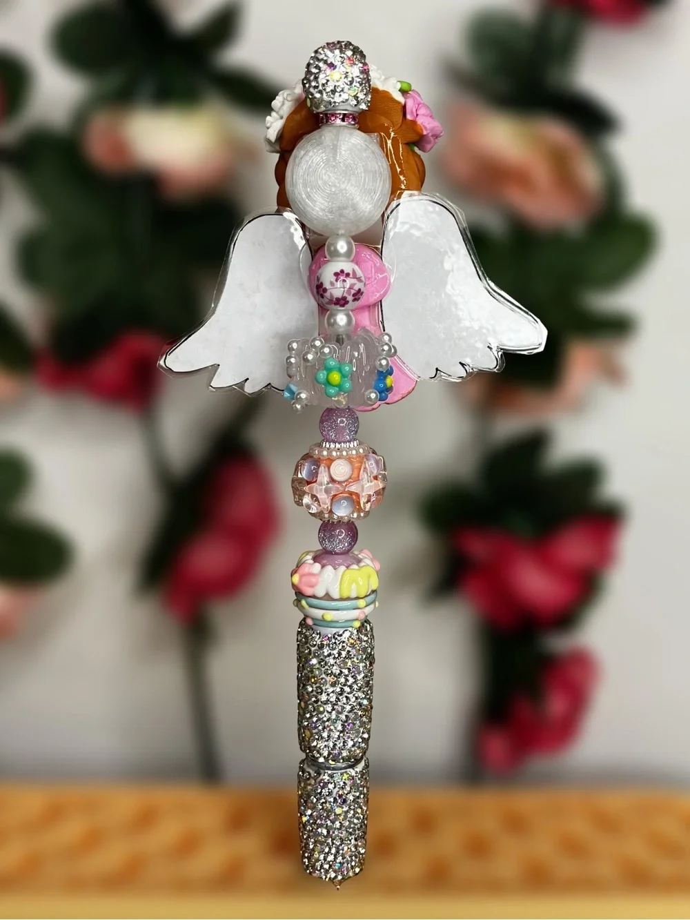 Handmade Clay Angel with Laminated Wings Rhinestone Beaded Pen